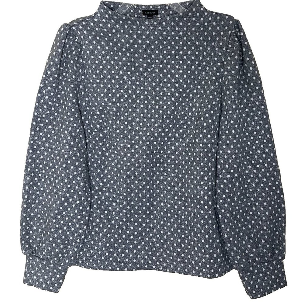 Talbots Top Large Metallic Polka Dot Balloon Sleeves Funnel Neck Business Casual - Picture 2 of 7